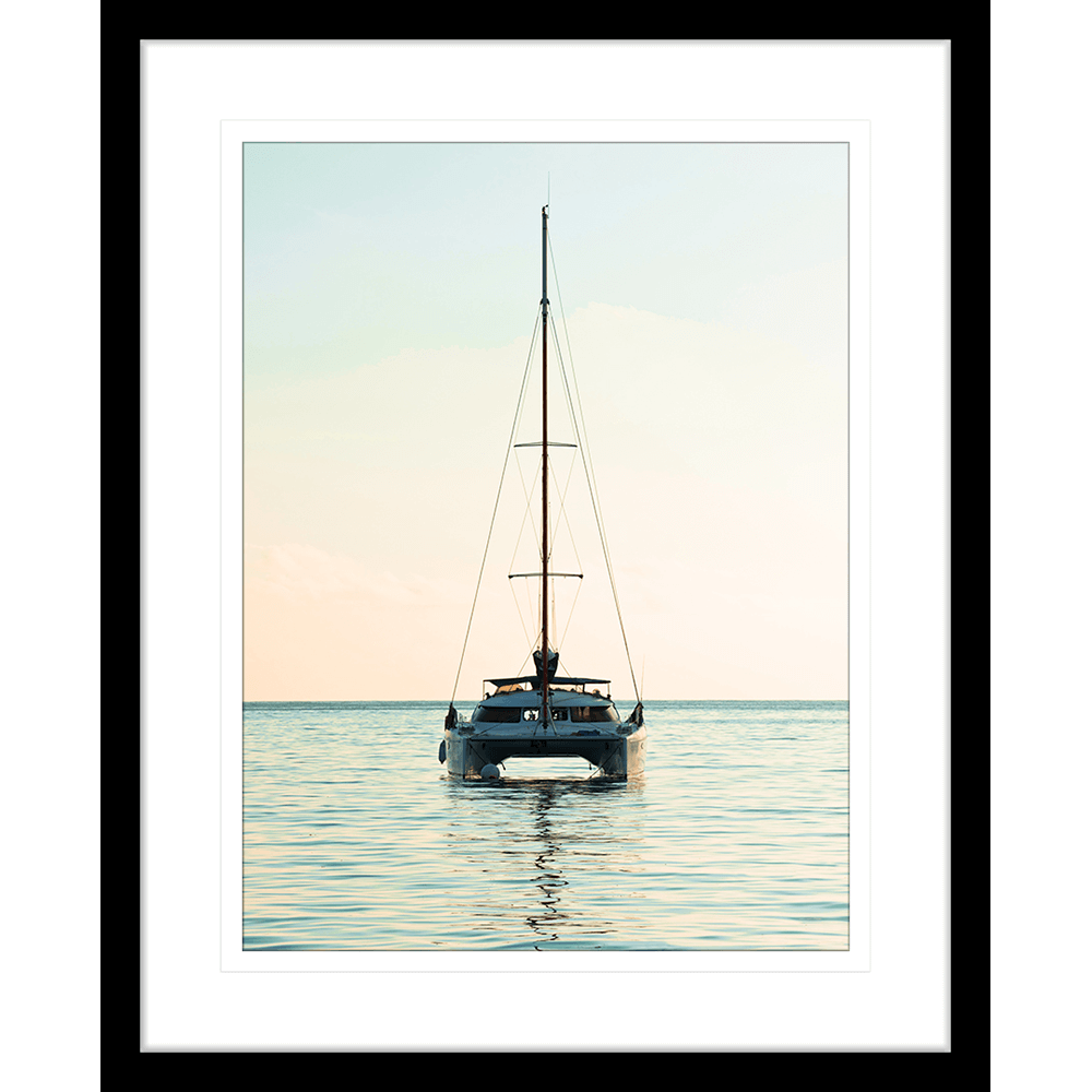 sailing boat photo - sunset wall art painting 05 in black frame