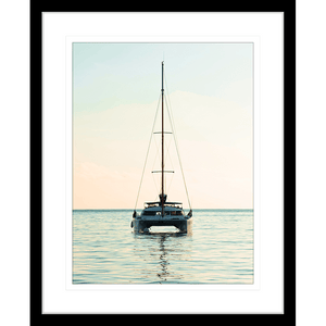 sailing boat photo - sunset wall art painting 05 in black frame