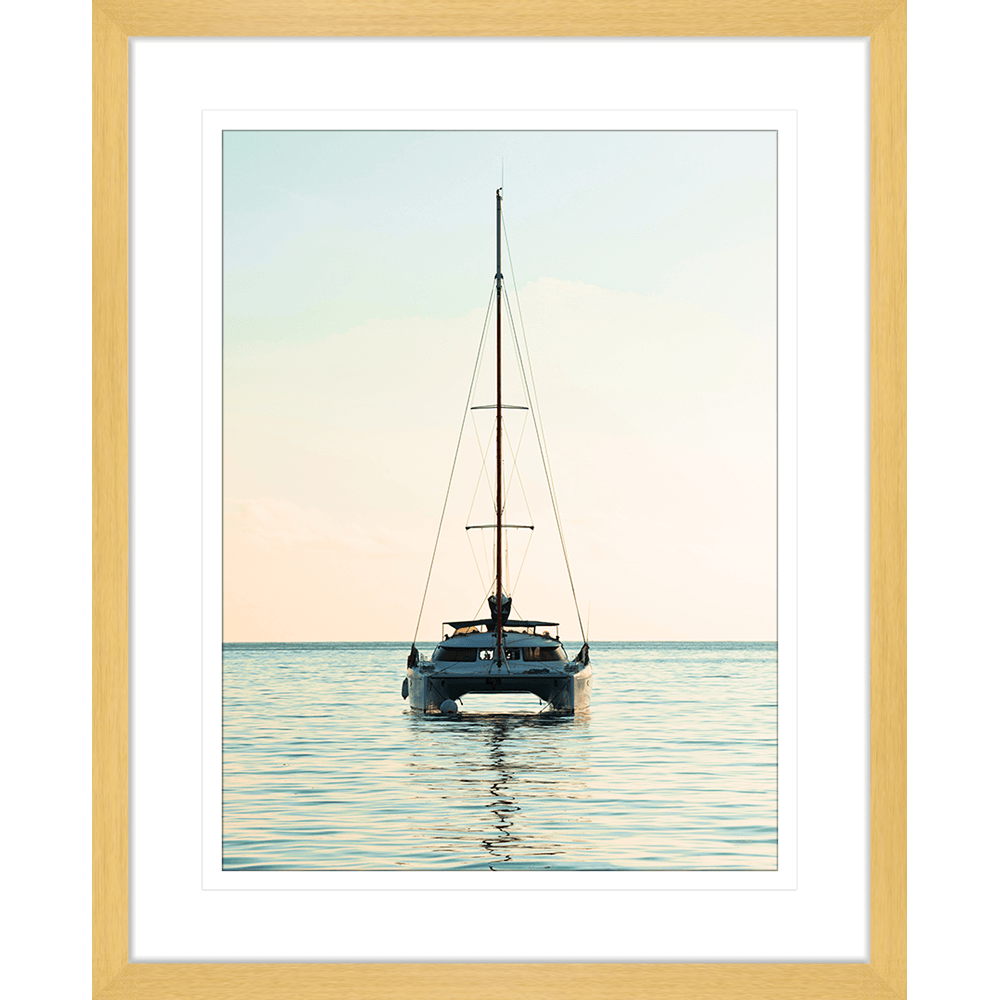 sailing boat photo - sunset wall art painting 05 in gold frame