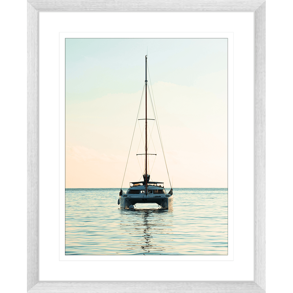 sailing boat photo - sunset wall art painting 05 in white frame