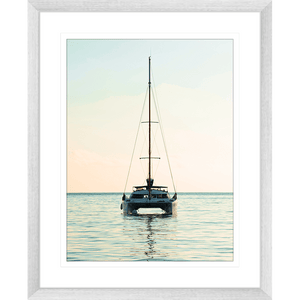 sailing boat photo - sunset wall art painting 05 in white frame