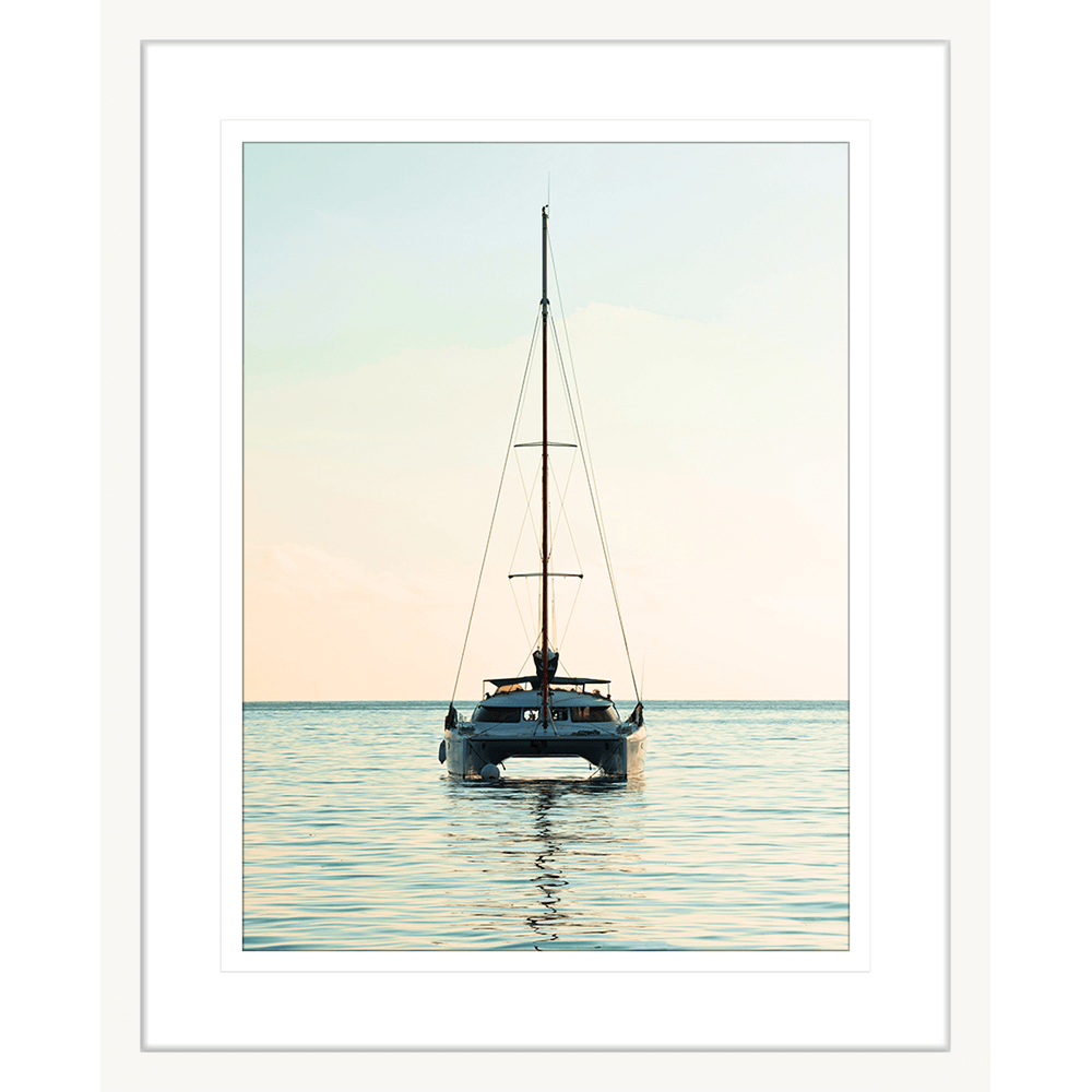 sailing boat photo - sunset wall art painting 05 in silver frame