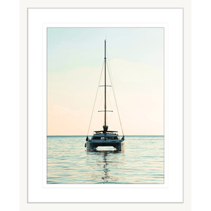 sailing boat photo - sunset wall art painting 05 in silver frame