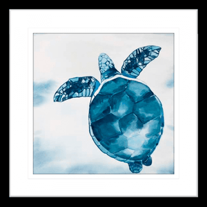 A hand-painted, black framed turtle artwork print on canvas featuring vibrant ocean colours.