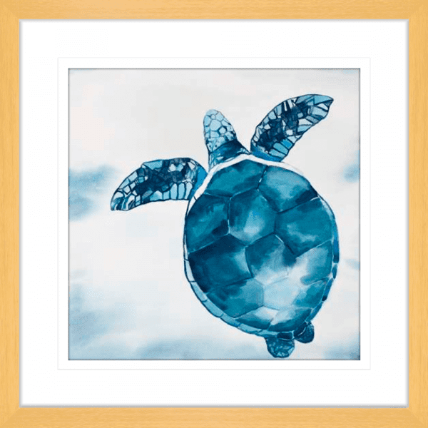 A hand-painted, wood framed turtle artwork print on canvas featuring vibrant ocean colours.