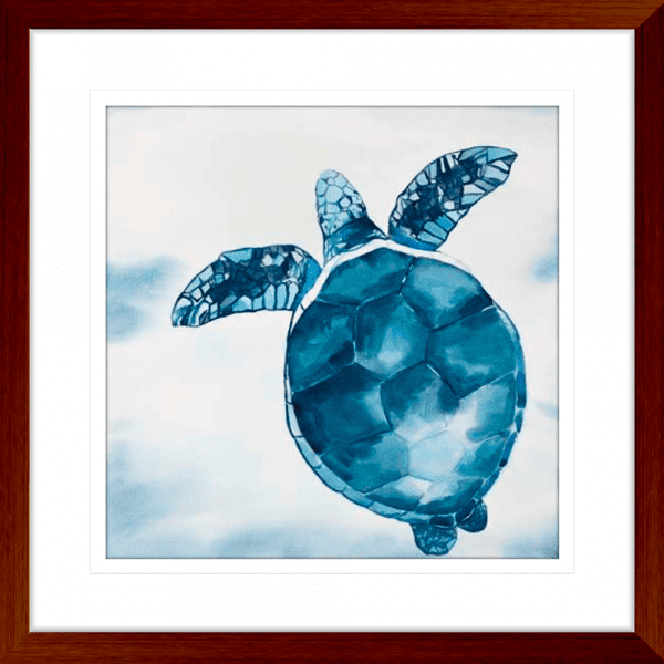 A hand-painted, red wood framed turtle artwork print on canvas featuring vibrant ocean colours.