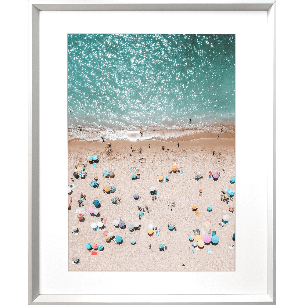 coastal wall art, vacanza studio wall art, beach photography, holiday prints, umbrellas at the beach photo, coastal wall art, white framed beach wall art photo