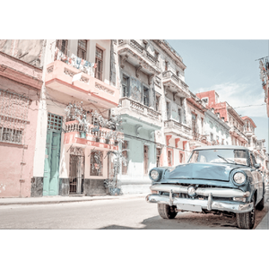 Unframed Wanderlust Wall Art - Havana 01 Studio Collection. Featuring a classic Havana street landscape in soft pink, blue and aqua tones and with a pale blue sunny skyline in the background