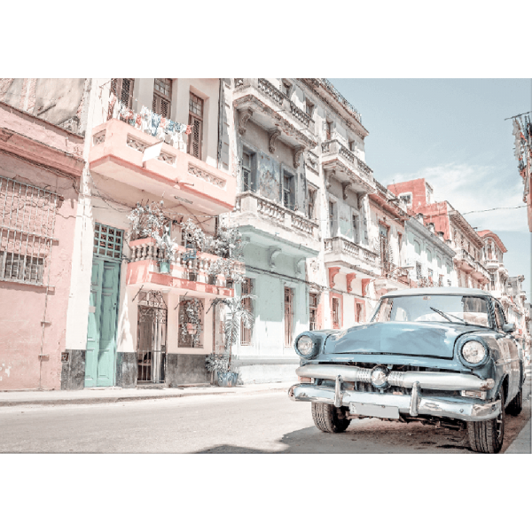 Unframed Wanderlust Wall Art - Havana 01 Studio Collection. Featuring a classic Havana street landscape in soft pink, blue and aqua tones and with a pale blue sunny skyline in the background