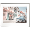 Silver framed Wanderlust Wall Art - Havana 01 Studio Collection. Featuring a classic Havana street landscape in soft pink, blue and aqua tones and with a pale blue sunny skyline in the background