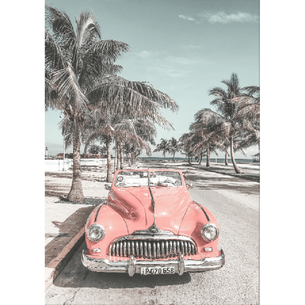 Stretched canvas - Wanderlust Wall Art - Havana 02 - Studio Collection, featuring a pink dodge car travelling down the Palm coastline.