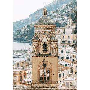 Amalfi coast in Italy in g grey blue and tan against the backdrop of the ocean- no frame