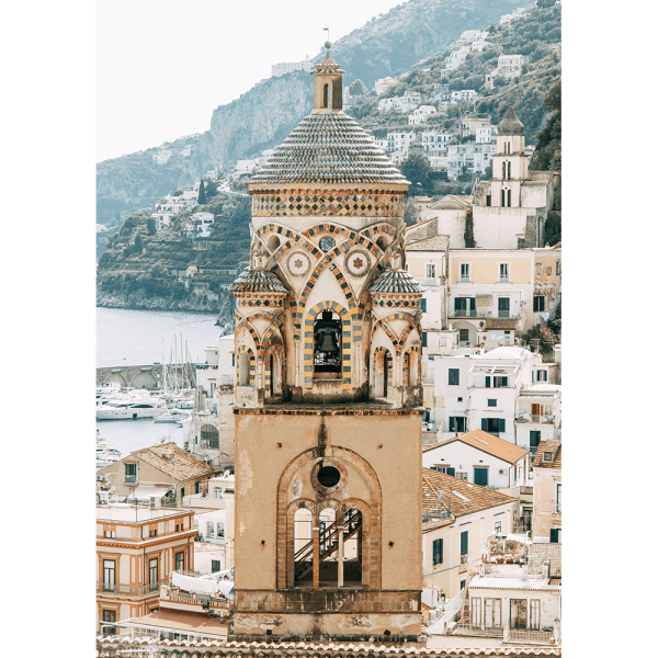 Amalfi coast in Italy in g grey blue and tan against the backdrop of the ocean- no frame