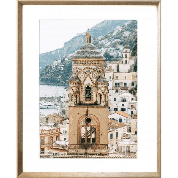 Amalfi coast in Italy in g grey blue and tan against the backdrop of the ocean- gold frame