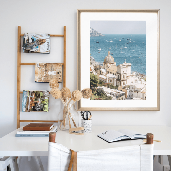 Amalfi Coast photo in Italy in gold frame, mounted in a study