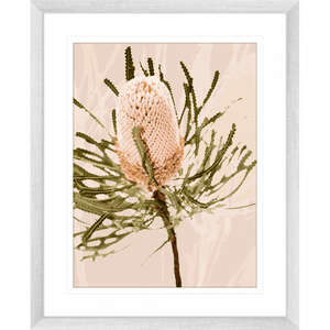 Silver framed Australian Native Wall Art featuring the Australian wattle tree in pale pinks, olive green and neutral tones