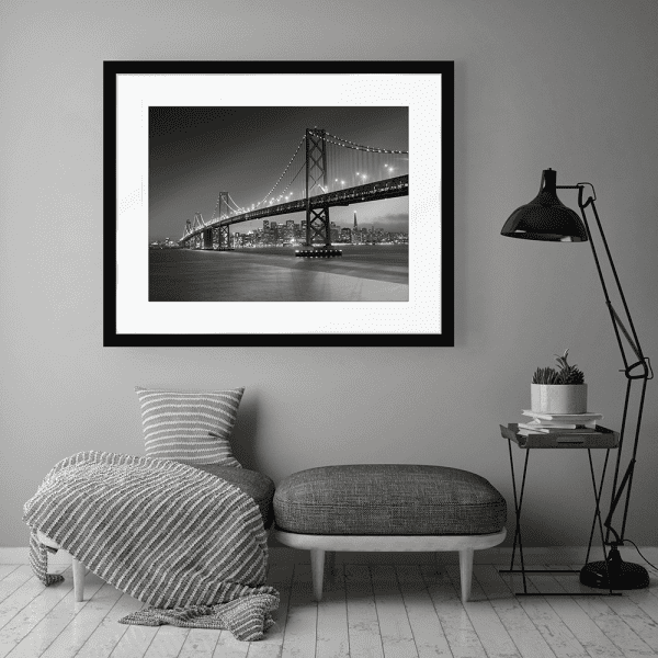 Black and White Wall Art  of bridge - Clarity 01 - Standard Collection in black frame wall mounted