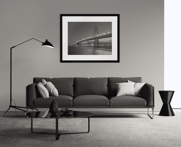 Black and White Wall Art  of bridge - Clarity 01 - Standard Collection in black frame wall mounted in lounge room