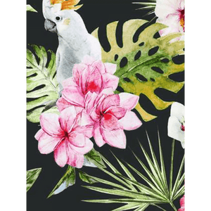 Unframed Beach Art Australia canvas, featuring a tropical scene with a white cockatoo perched within the green palm trees among striking pink flowers.