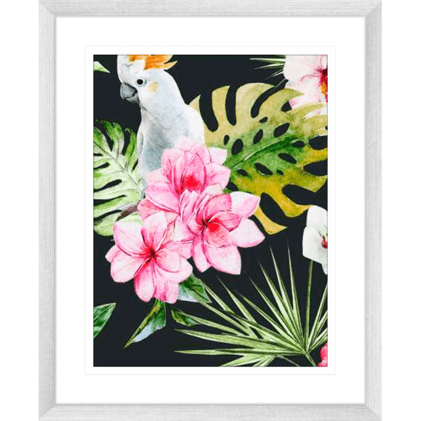 Silver Framed Beach Art Australia, featuring a tropical scene with a white cockatoo perched within the green palm trees among striking pink flowers.