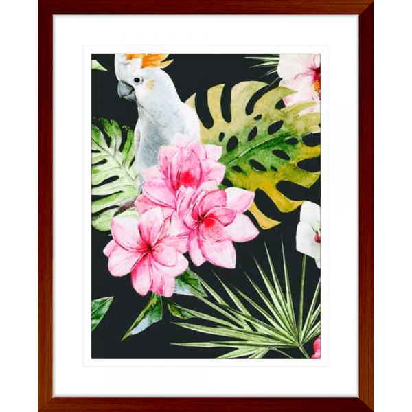 Wood Framed Beach Art Australia, featuring a tropical scene with a white cockatoo perched within the green palm trees among striking pink flowers.