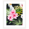 White Framed Beach Art Australia, featuring a tropical scene with a white cockatoo perched within the green palm trees among striking pink flowers.