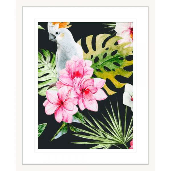 White Framed Beach Art Australia, featuring a tropical scene with a white cockatoo perched within the green palm trees among striking pink flowers.