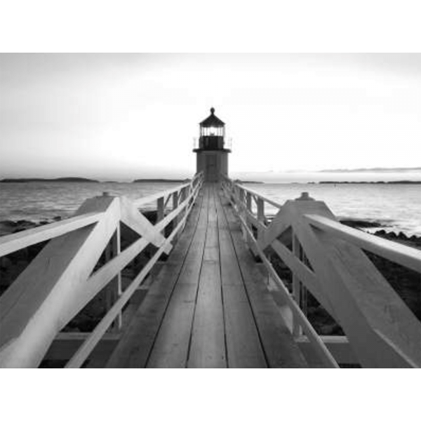 Black and white wall art features a single pier cascading into the deep ocean, culminating at a light house in canvas