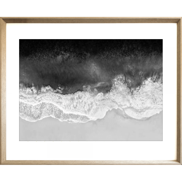 Black and White Photo of the vast ocean crashing into shore - Hidden Cove 06 - Studio Collection from Mis Wall Art in cashew frame