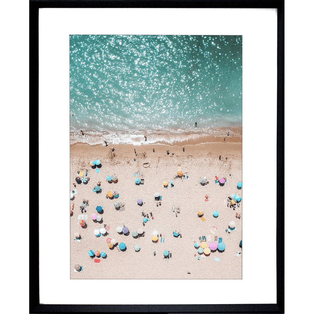 beach wall art, vacanza studio wall art, beach photography, holiday prints, umbrellas at the beach photo, coastal wall art, black framed beach wall art photo